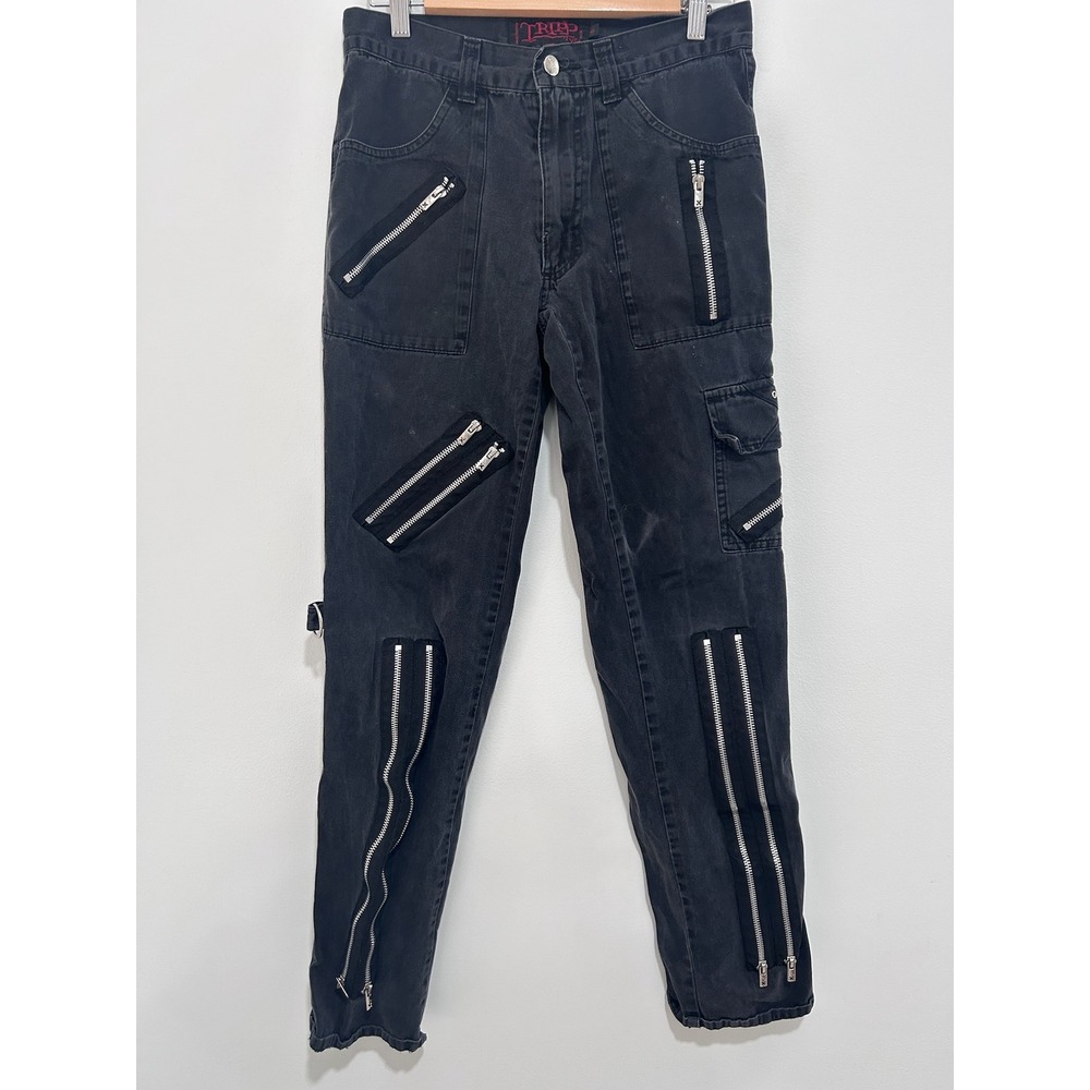 Tripp‎ NYC Mens Black Bondage Pants Zipper Cargo Punk Goth Tapered Size 30 Emo